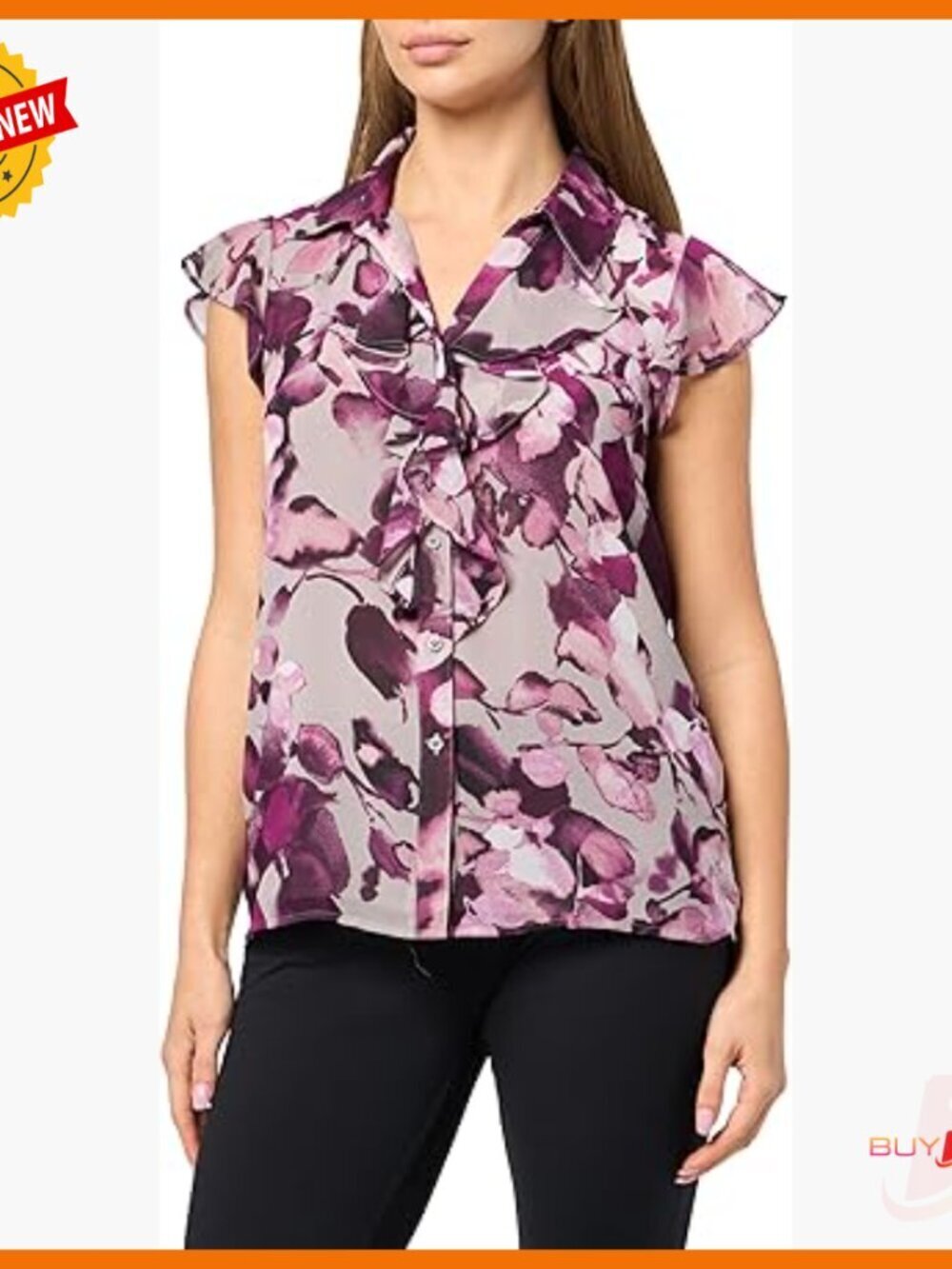 Short Sleeve Button Down Blouse with Ruffle Detail, Regular Fit
